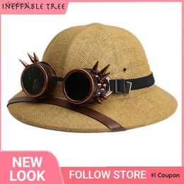 Chaps à bord large chapeau seau de seau parent-enfant nouveauté de la guerre du Vietnam armée paille chapeau steampunk healmet pith chapeau soleil femmes hommes verres safari jungle mineurs capl231221