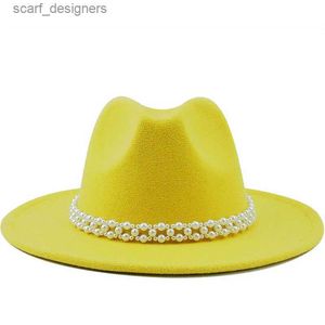 Brede rand hoeden emmer hoeden parel fedora hoeden vrouwen eenvoudige wollen hoed cowboy hoed mode kerk hoed kunstmatige wol Britse stijl jazz cap herfst winter y240409