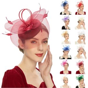 Brede rand hoeden emmer hoeden pilbox hoeden thee feestje vintage fascinators voor vrouwen met veren mesh veil hoofdband bruids bruid thee feest tiara y240426