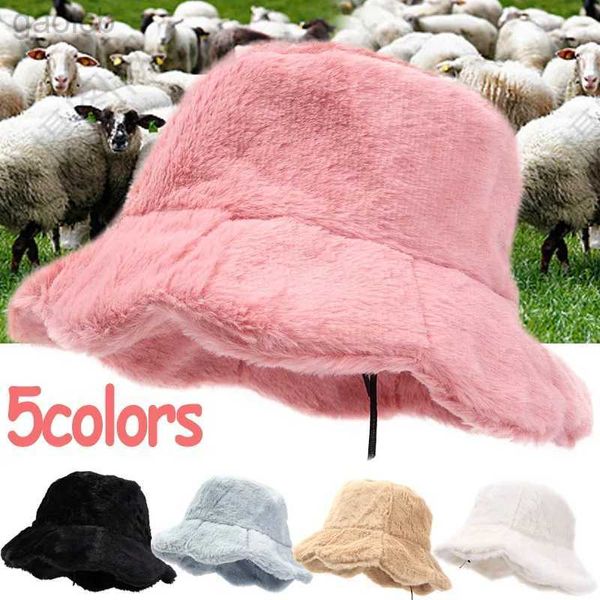 Chapeaux larges seau Chapeaux seau en peluche Falbala chapeau de seau fille mignonne à large bord chapeau de pêcheur rond femmes à la mode hiver moelleux cachemire chapeau chaud 24323