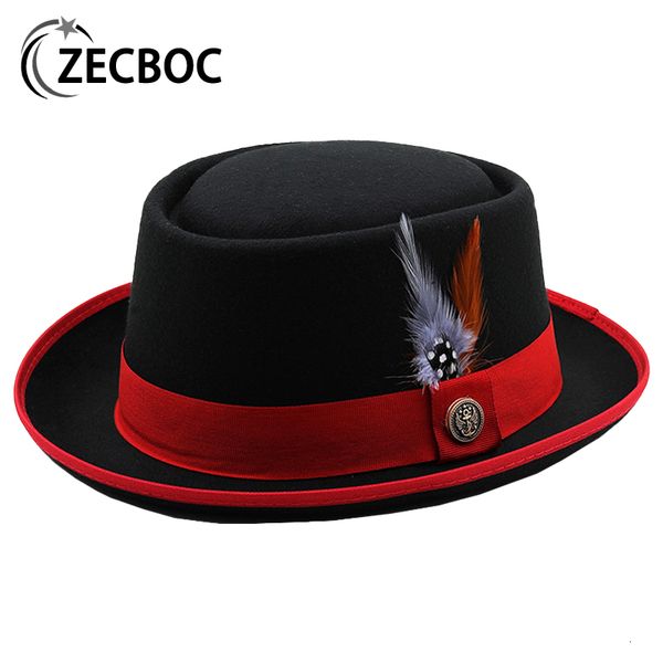 Chapeaux à large bord Chapeaux seau Pork Pie Chapeau pour hommes à large bord Feutre de laine Jazz Fedora Chapeau avec plume Gentleman Classique Église Mariage Panama Chapeaux de luxe pour femmes 230410