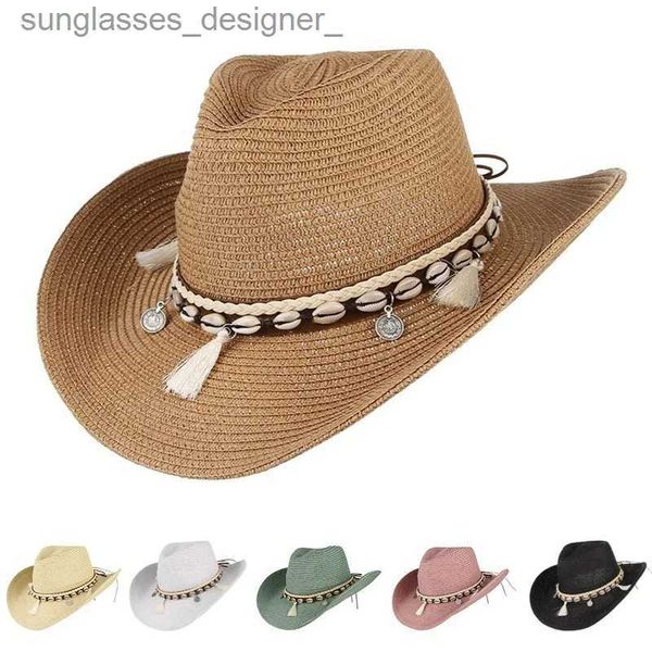 Sombreros de ala ancha Sombreros de cubo Borlas de concha Sombrero de verano de vaquera Sombrero Str para mujeres Hombres Sombrero de vaquero occidental La Tren Sombrero tejido para el sol Playa C sun hatL231219