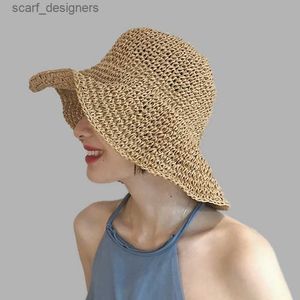 Chapeaux à bord large chapeaux Bucket Simple Girl Raffiah Sun Sun Hat Wide Brim Floppy Summer Summer pour femmes plage panama paille dôme chapeau seau Femme CHAPE CHAPE Y240409