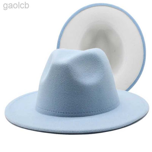 Chapeaux à larges bords Chapeaux de seau Extérieur bleu clair simple avec feutre de fourrure blanche Chapeau Fedora de jazz pour femmes à large bord Panama fête Trilby chapeau de cowboy hommes gentleman 24323