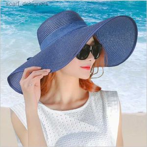 Brede rand hoeden emmer hoeden eenvoudige zomerstro hoed vrouwen grote brede rand hoed zon hoed opvouwbare zonblok uv bescherming panama hoed bot chapeu feminino y240409pwb6