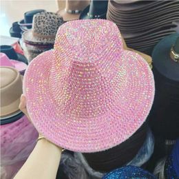 Wide Brim Hats Bucket Hats Stage Hat Rhinestone Cowboy Hat Fashion Womens Jazz Hat Red Diamond Party Cowboy Hat Y240425