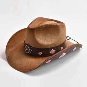Brede rand hoeden emmer hoeden stro geborduurde westerse stijl denim hoed voor heren retro denim jazz hoed voor vrouwen Panama strand zon hoed y240425
