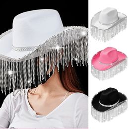 Chapeaux à larges bords Chapeaux de seau élégant strass frange paillettes Rave Cowgirl chapeau femmes glands occidentaux chapeau de cowboy pour Halloween habiller Cosplays casquette de fête 230828