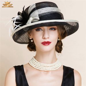 Chapeaux à large bord Chapeaux seau Été Noir et blanc Élégant Lin Fedora Chapeaux Dame Mode Fedoras Chapeau Femmes Floppy Large Bord Cloche Chapeau Lin Lin B8150 230717