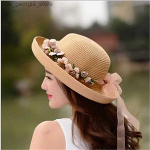Brede rand hoeden emmer hoeden zomer handgemaakte bloem Str hoed Womens Galan Sunbonnet emmer hoed gekruld strand hoed Y240319