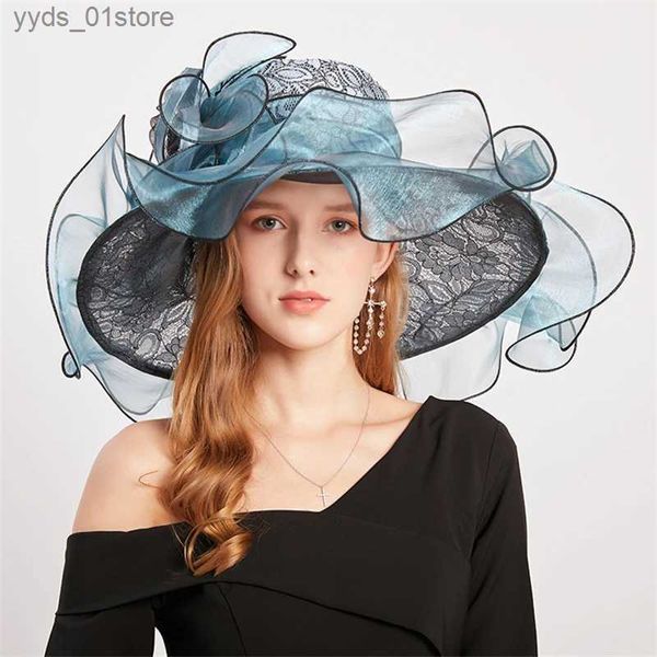 Chapeaux à larges bords Chapeaux de seau d'été de haute qualité Organza Fascinators chapeau pour les femmes élégantes à large bord robes de mariée chapeaux Kentucky Tea Party