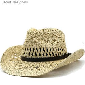 Chapeaux à bord large chapeaux de seau d'été hommes extérieurs femmes femmes tissées à la main de cowboy occidental chapeaux de paille largeur brim houstante de la plage de jazz chapeau de protection solaire y240409