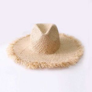 Brede rand hoeden emmer hoeden zomer eenvoudige solide kleur handgeweven rafia zon hoed dames kant big riem straf hoed outdoor strand zomer cs j240429