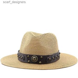 Chapeaux à bord large chapeau seau chapeau de paille d'été pour hommes femmes Sun Beach Hat Men Jazz Panama Chapeaux Fedora Brim Brim Sun Protection Cap avec ceinture en cuir Y240409