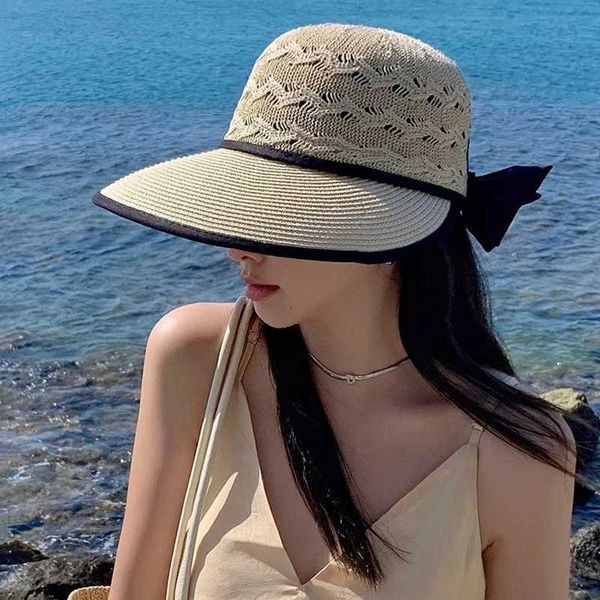 Chapeaux à large bord Chapeaux de seau Chapeau de paille d'été femmes élégant arc large tissu chapeau de soleil en plein air plage chapeau de soleil femmes Panama chapeau J240325