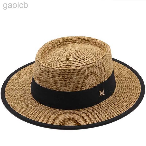Chapeaux à larges bords Chapeaux seau Chapeau de soleil d'été pour femmes, mode fille, chapeau droit, nœud en ruban, chapeau de plage, herbe décontractée, dessus plat, Panama, chapeau de visiteur pour femmes 24323