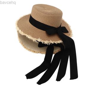 Chapeaux à bord large chapeau seau de seau d'été Protection du soleil grand chapeau de paille femme long noire de ruban blanc
