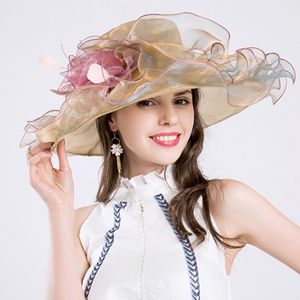 Chapeaux larges seau Chapeaux Fedora d'été à large bord pour femmes, chapeaux de soleil en Organza, fleurs élégantes, fête de mariage, robes d'église du Kentucky, chapeau fascinateur 230424