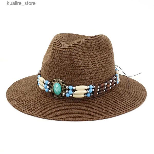 Sombreros de ala ancha Sombreros de cubo Verano Mujer Hombre Protección solar Visera solar Sombrero de paja Fedora Viajes al aire libre Jazz Sombrero de Panamá Ala grande con cinturón de decoración de cuentas L240322