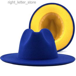 Chapeaux à larges bords Chapeaux de seau unisexe extérieur bleu intérieur jaune feutre de laine Jazz Fedora chapeaux avec boucle de ceinture fine hommes femmes large bord Panama Trilby casquette L XL YQ231215