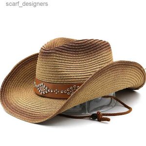 Hates de borde anchos Bucket Hats Unisex Men Fashion Summer Casual Casual Beach Sun Straw Panama Jazz Hat, Vaquero Fedora Fedora Gangster Cap Y240409