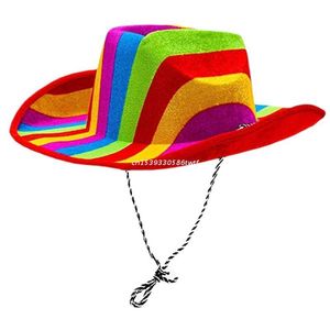 Brede rand hoeden emmer hoeden vintage fedora hoed vrouwen gevoeld dames cowboy hoeden feest regenboog kleur western stijl top motorkap bruiloft feest hoed dropship 230403