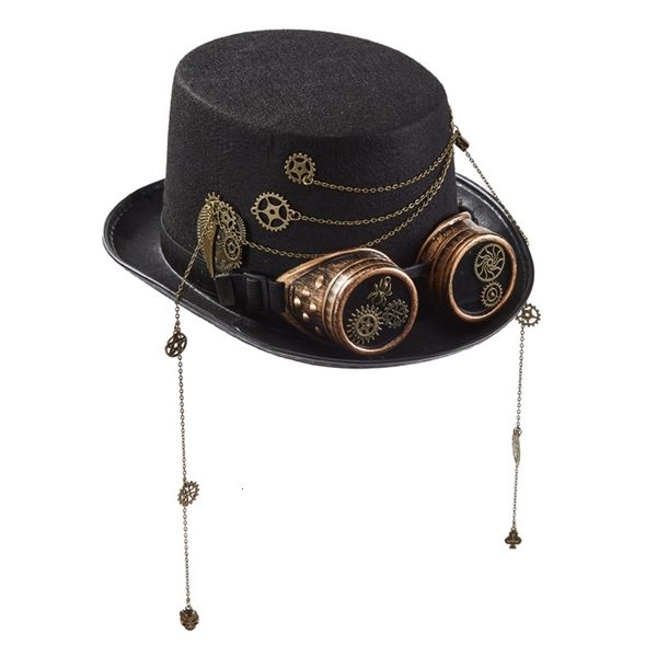 Chapeaux à larges bords Chapeaux de seau Vintage Gear Chain Goggles Top Hat Victorien Black Jazz Hat Steampunk Hat Party Performance Hat pour Carnaval Theme Party 230317