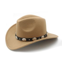 Brede rand hoeden emmer hoeden vintage wol kinderen kinderen westerse cowboy hoed voor jongensmeisje brede riem cowgirl jazz cap met lederen toca sombrero 54cm 230822