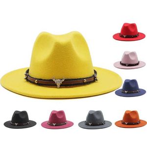 Brede rand hoeden emmer hoeden warme fedoras hoeden voor mannen cowboy hoed tauren riem geel zwart joker mode kerk jazz cap brim fedora maat 55-61 cm y240425