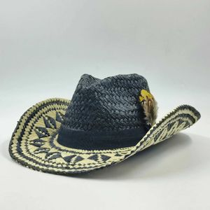 Chapeaux à bord large chapeau seau western cowboy paille de paille masculine pour plumes fashion gros royaume de paille d'été cowboy sunshade jazz hat