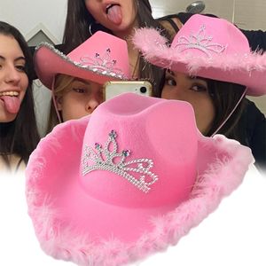 Chapéus de aba larga chapéus de balde bonés de cowboy ocidentais chapéu de cowgirl rosa para mulheres menina tiara chapéu de cowgirl fantasia de férias chapéu de festa chapéu de penas borda fedora 230413
