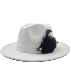 Chapeaux à large bord Seau Chapeaux blanc Laine Femmes plume Fedora Chapeau Pour L'hiver Automne ElegantLady Floppy Cloche Large Brim hommes Jazz Caps 230717