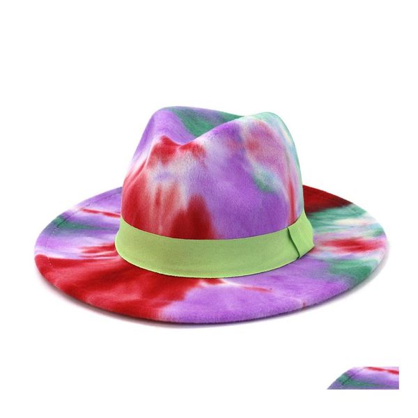 Sombreros de ala ancha Sombreros de cubo Venta al por mayor Último diseño de moda Tie Dye Print Colorf Rainbow Felt Fedora Hat para mujeres de ala ancha Panamá Dh3Tv