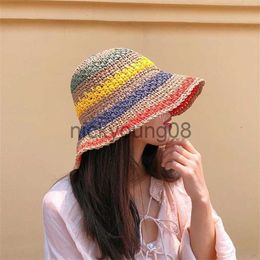 Chapeaux à large bord Chapeaux de seau Chapeaux à large bord 2023 Chapeau de seau pour femme d'été Chapeau de paille arc-en-ciel Crochet Pliable Parentenfant Panama Chapeau Enfants Femme Plage Pare-Soleil Cap