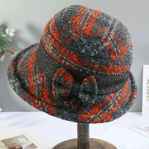 Chapeaux à larges bords Chapeaux de seau Chapeau de femme Automne et hiver Casquette en tweed Cent noeuds Bow Check Basin Cap Bord roulé Chapeau de seau Salute 230408