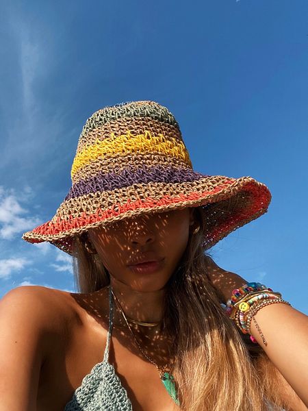 Large bord chapeaux seau chapeaux femme soleil paille à la main arc-en-ciel rayé Crochet plage BOHO seau chapeau Fishman Panama 230529