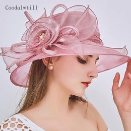 Brede Rand Hoeden Emmer Hoeden Dames Elegante Zomer Organza Hoed Strik Bloem Zonnehoed Brede Rand Tovenaar Bruiloft Hoofddeksels Vrouwelijke Derby Reizen Evenement Chapeau 231018