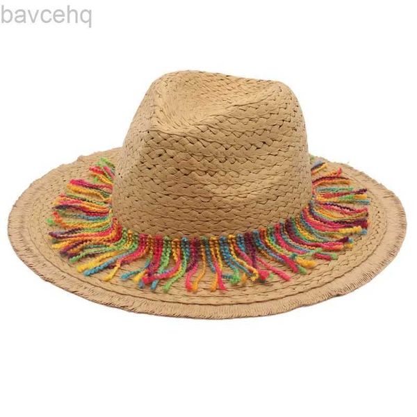 Hates de borde anchos Hates de cubo Mujeres Men Colorful Tassels Accesorios Sombrero de paja Panamá Sun Hats Cap Beach Casual Hat Travel Vawaii Dance Show Big Brim 240407