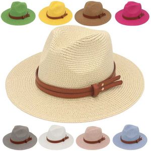 Brede rand hoeden emmer hoeden vrouwen mannen gele riem accessoires stro hoed Panama zomer zon hoeden trilby gangster cap strand casual jazz hoed reizen sunhat Q240403