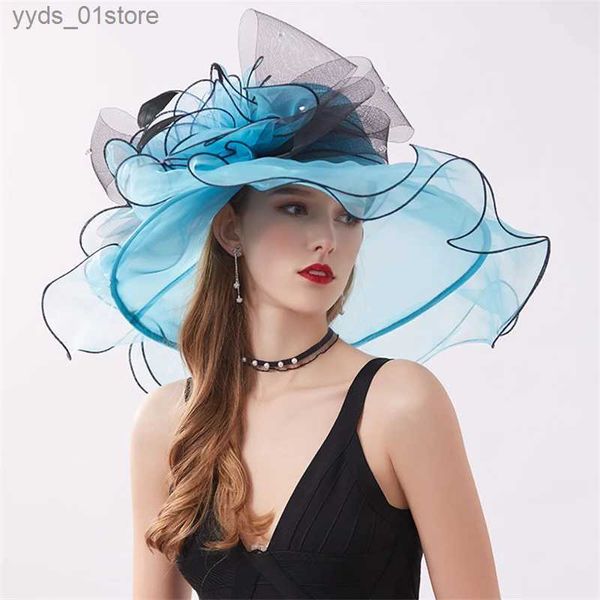 Wide Brim Hats Chapeaux seau femmes Organza fleurs chapeaux de soleil élégant grand Large bord rouge Kentucky Dey chapeau dames mariage église fête Fedoras L240308