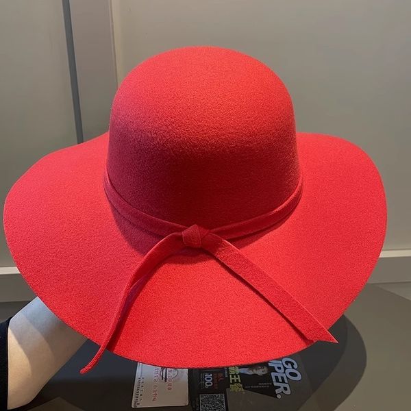 Chapeaux à larges bords Chapeaux de seau femmes à large bord feutre melon Faux Fedora chapeau disquette soleil Bowknot Cloche casquette melon chapeau pour dames gorros mujer invierno 230905