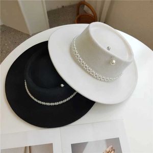 Chapeaux à bord large chapeau seau pour femmes chaîne de perles féminin fedora haute couture avec épingles de perles bosse c noir blanc audtume hiver dames fedoras largeur girl chapeau j240429