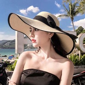 Chapeaux larges chapeaux seau femmes été plage tourisme chapeau de paille plage coréenne grand chapeau bord crème solaire parasol vacances pliant mode grand chapeau cool J240305