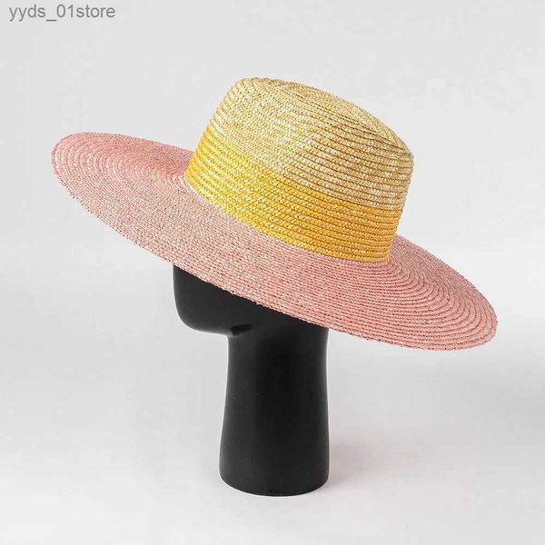 Sombreros de ala ancha Sombreros de cubo Sombrero de playa de verano para mujer Amarillo Rosa 3 tonos Sombrero de trigo Str Sombrero de ala ancha para exteriores Sombrero para el sol Jazz Top Sombrero de Panamá Sombrero de escenografía L240308