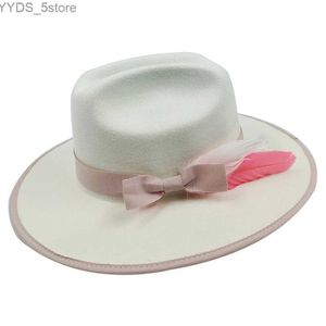 Sombreros de ala ancha Sombreros de cubo Sombrero Fedora doble cóncavo envuelto Sombrero de jazz de plumas para hombres y mujeres Lana colorida Borde ancho Moda Sombrero de iglesia de Panamá al por mayor YQ231116