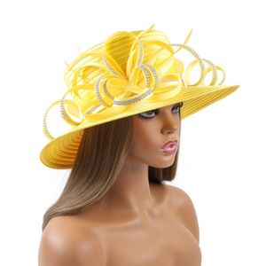 Brede rand hoeden emmer hoeden gele mode satijnen doek kerk hoed luxe luxe elegante fotografie hoed schoonheid fancy formele bloem fascinator hoed vrouwelijk y240426