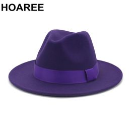 Chapeaux larges seau HOAREE violet laine feutre Jazz Fedora hommes femmes Sombrero style britannique Trilby formel Panama casquette solide robe chapeau 231122