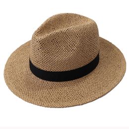 Chapeaux à large bord seau HT3119 Fedoras bande noire paille hommes femmes été mâle femme Panama plage casquette unisexe plat 230421