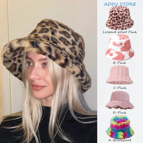 Chapeaux à large bord seau INS automne et hiver motif imprimé léopard chapeau de pêcheur femme polaire épais pot de vache mode polyvalent casquettes melon 231101