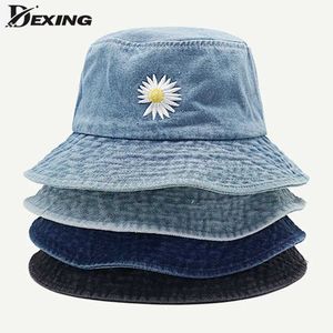 Brede rand hoeden emmer ins Korean Daisy borduurhoed vrouwen mannen Panama zomerzon mode bloem bob gewassen denim visser Q240403